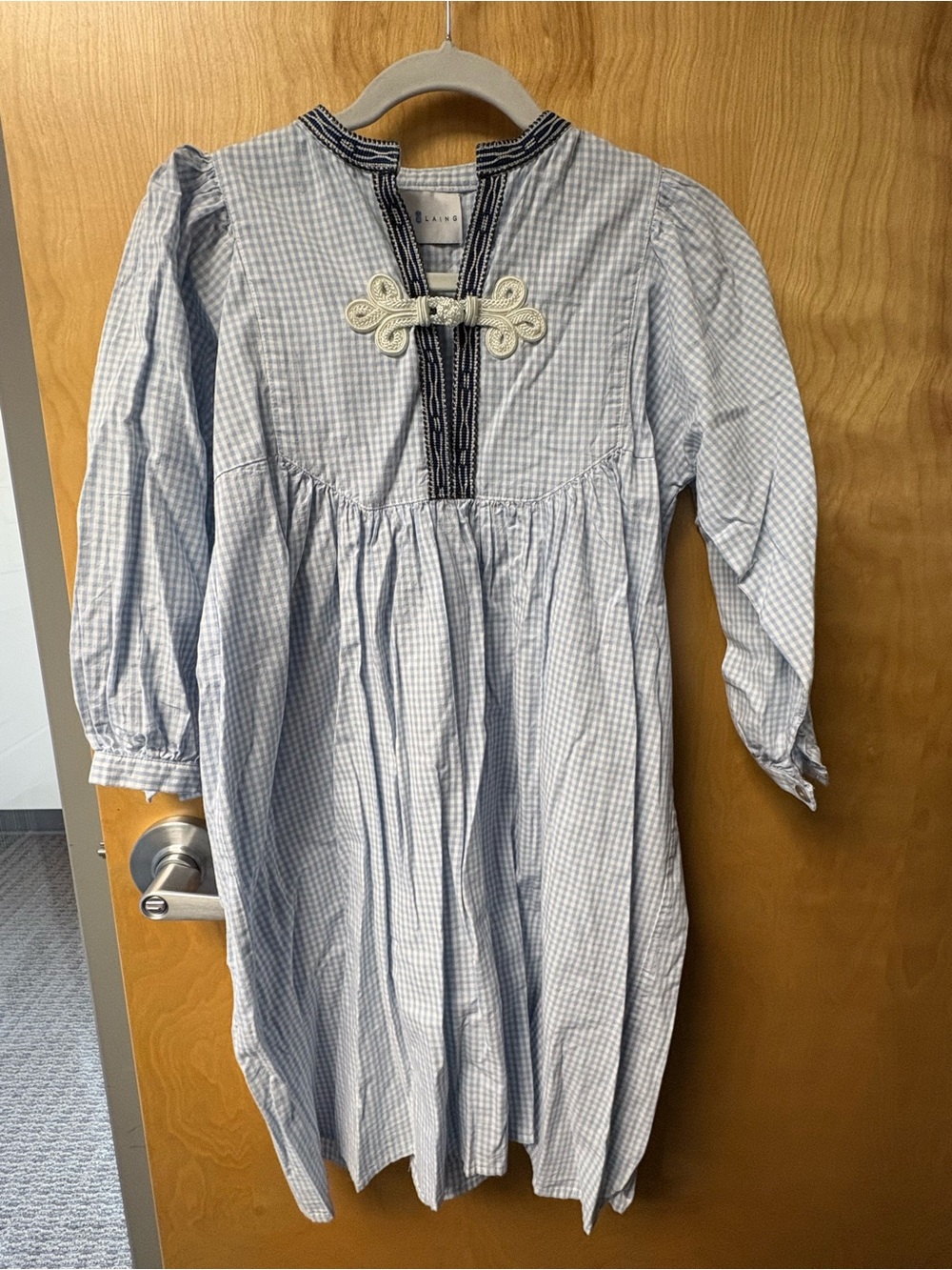 Light Blue Gingham Midi Dress with Decorative Trim